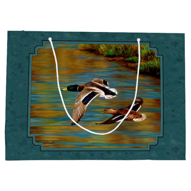 Mallard Encks im Flug Aquamarin Große Geschenktüte (Rückseite)