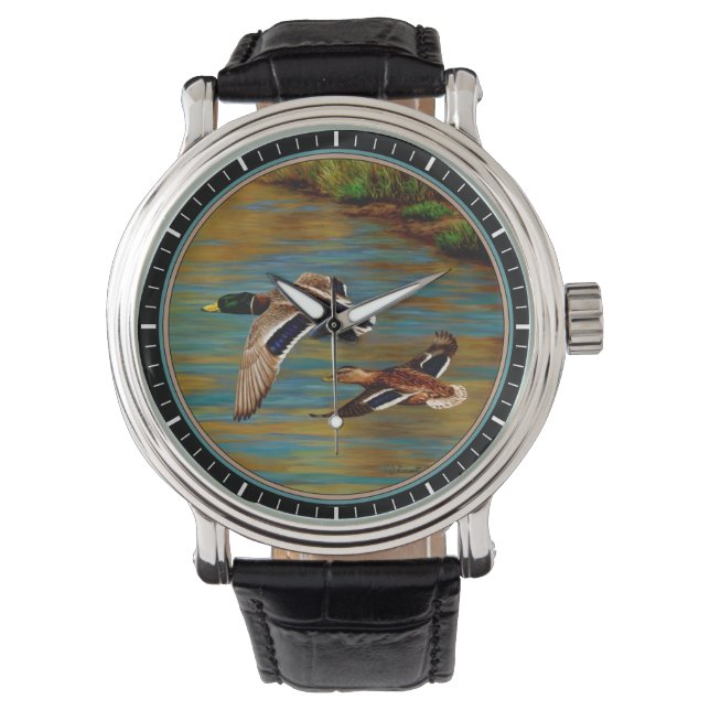 Mallard Enten fliegen über Teich Armbanduhr (Vorderseite)