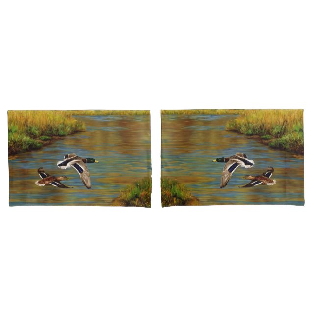 Mallard Enten fliegen über Teich Kissenbezug (Vorderseite-Set)