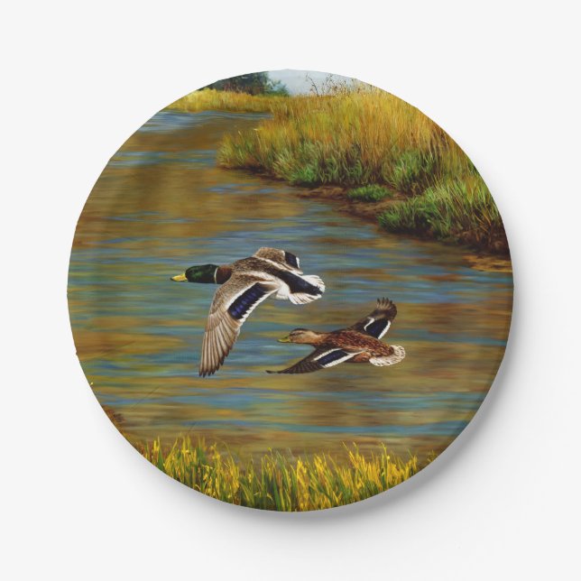 Mallard Enten fliegen über Teich Pappteller (Vorderseite)