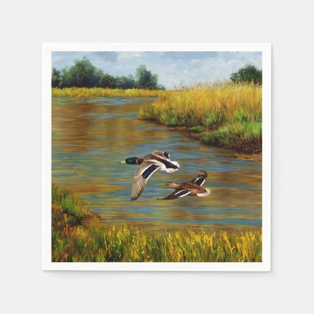 Mallard Enten fliegen über Teich Serviette (Vorderseite)