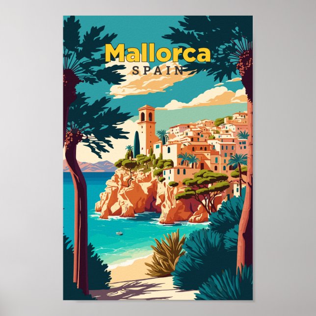 Mallorca Spanien Reisen Kunst, Vintage Illustratio Poster (Vorne)