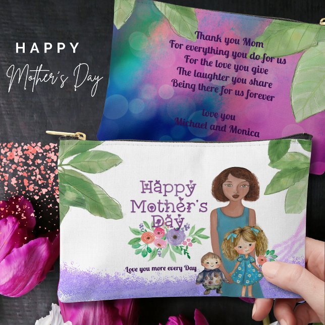 Malte Mutter & Kind Blumenbilder Zubehörtasche (Painted Mother & Kids Floral Illustration Accessory Pouch)