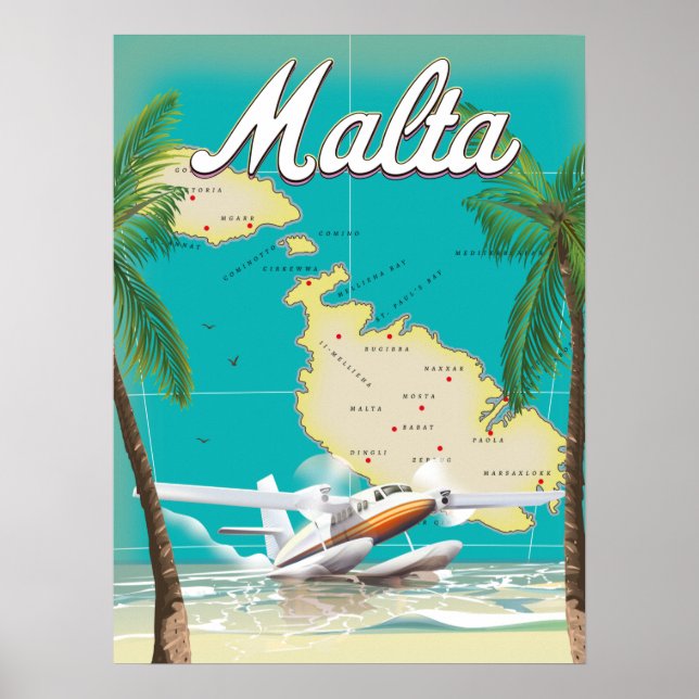 Malte plage et carte affiche voyage (Devant)