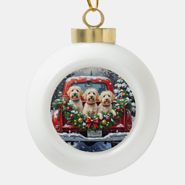 Maltese Christmas Red Truck Holiday Keramik Kugel-Ornament (Vorderseite)