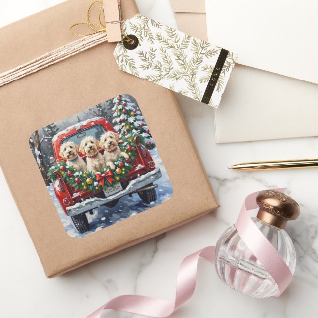 Maltese Christmas Red Truck Holiday Quadratischer Aufkleber (Schenken)