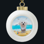 Maltese Dog on Beach Keramik Kugel-Ornament<br><div class="desc">Ein maltesischer Hund,  der am Strand sitzt,  ist eine Geschenkidee für jemanden,  der diesen Hund züchtet,  der Liebe hat.</div>