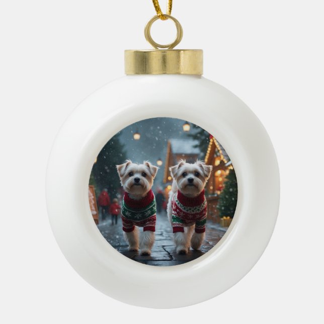 Maltese Dogs Christmas Snow Holiday Keramik Kugel-Ornament (Vorderseite)