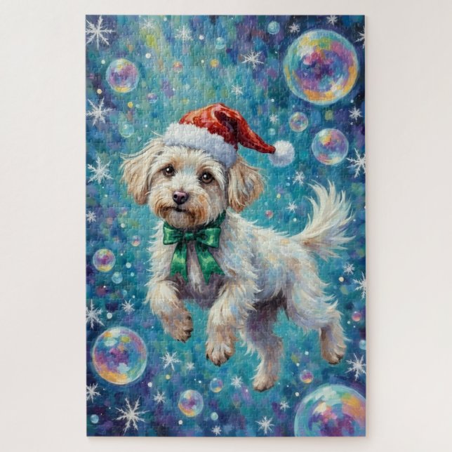 Maltese Floating in Iridescent Christmas Bubbles (Vertikal)
