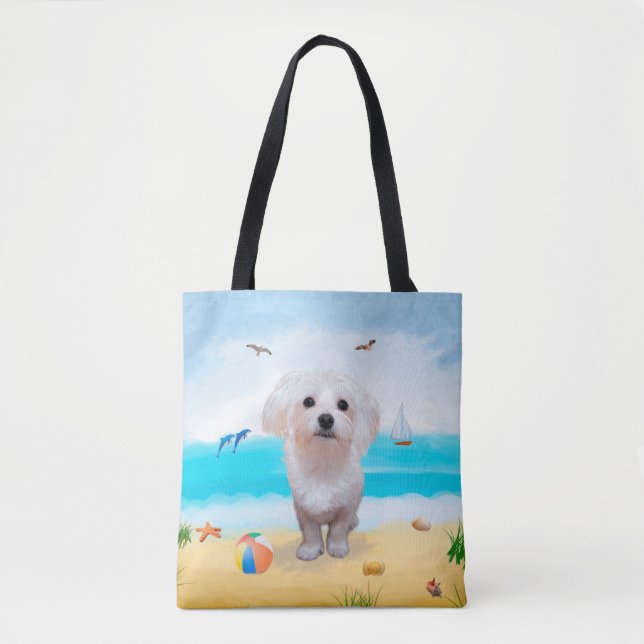 Malteser Hund am Strand Tasche (Vorderseite)