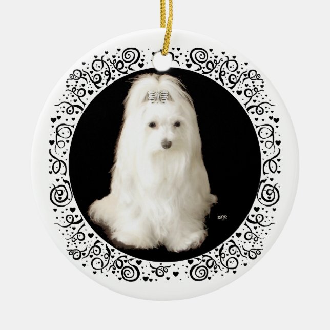 Malteser Hund auf schwarz Keramik Ornament (Vorne)