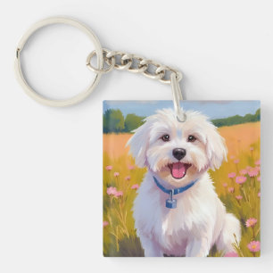 Malteser Hund   Blumenfeld Haustier Gemälde Schlüsselanhänger