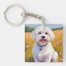 Malteser Hund | Blumenfeld Haustiermalerei Schlüsselanhänger