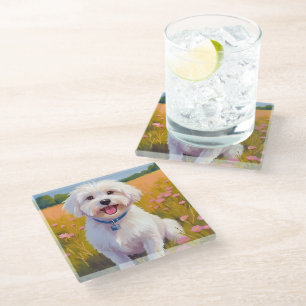 Malteser-Hund-Blumenfeld-Malerei Glasuntersetzer