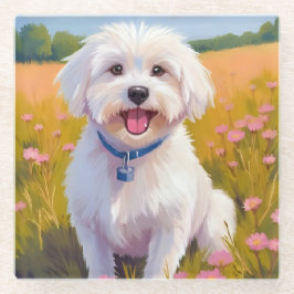 Malteser-Hund-Blumenfeld-Malerei Glasuntersetzer