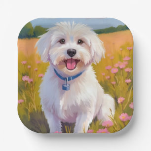 Malteser-Hund-Blumenfeld-Malerei Pappteller