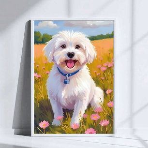 Malteser-Hund-Blumenfeld-Malerei Poster