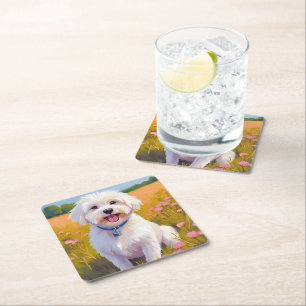 Malteser-Hund-Blumenfeld-Malerei Rechteckiger Pappuntersetzer