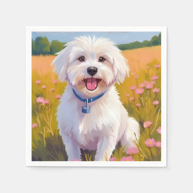 Malteser-Hund-Blumenfeld-Malerei Serviette (Vorderseite)