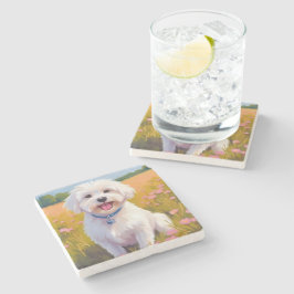 Malteser-Hund-Blumenfeld-Malerei Steinuntersetzer