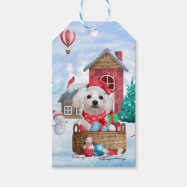 Malteser Hund im Schnee Weihnachtshaus Geschenkanhänger (Vorderseite)