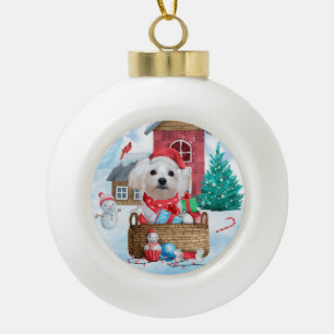 Malteser Hund im Schnee Weihnachtshaus Keramik Kugel-Ornament