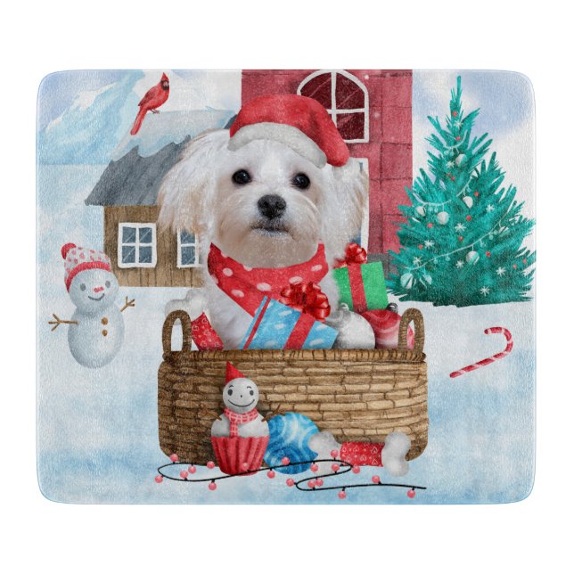 Malteser Hund im Schnee Weihnachtshaus Schneidebrett (Vorderseite)