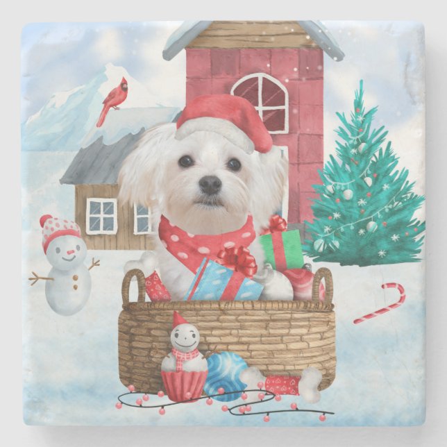 Malteser Hund im Schnee Weihnachtshaus Steinuntersetzer (Vorderseite)