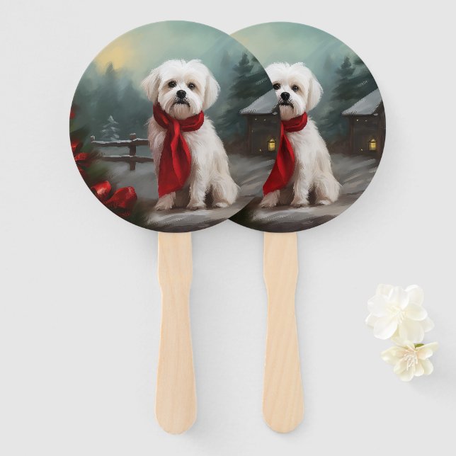 Malteser Hund in Schnee Weihnachten Fächer (Vorne und Hinten)
