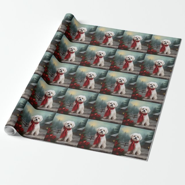 Malteser Hund in Schnee Weihnachten Geschenkpapier (Ungerollt)
