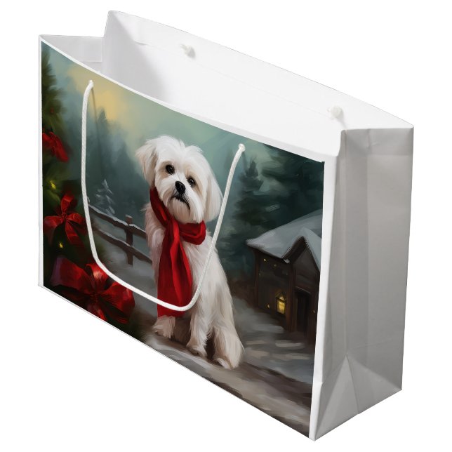Malteser Hund in Schnee Weihnachten Große Geschenktüte (Vorderseite Schrägansicht)