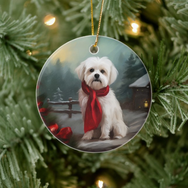 Malteser Hund in Schnee Weihnachten Keramik Ornament (Baum)