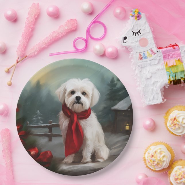 Malteser Hund in Schnee Weihnachten Pappteller (Party)