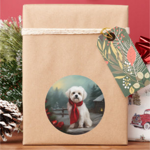 Malteser Hund in Schnee Weihnachten Runder Aufkleber