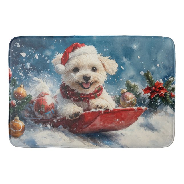 Malteser Hund in Sledge Lass es Schnee Weihnachten Badematte (Vorderseite)