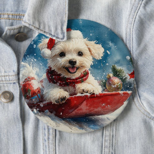 Malteser Hund in Sledge Lass es Schnee Weihnachten Button