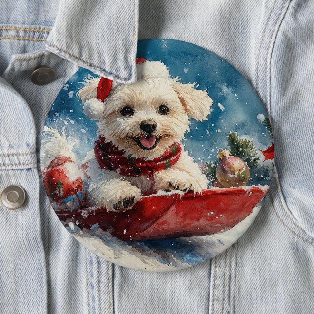 Malteser Hund in Sledge Lass es Schnee Weihnachten Button (Beispiel)