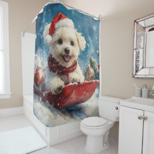 Malteser Hund in Sledge Lass es Schnee Weihnachten Duschvorhang