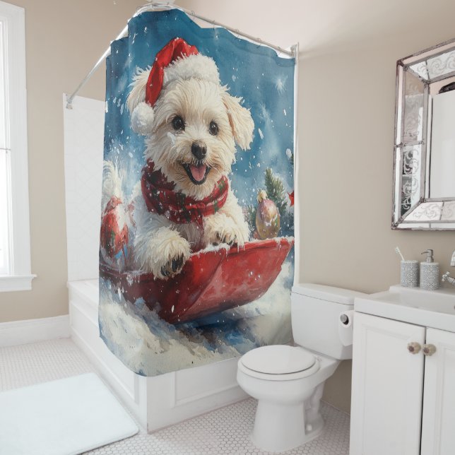 Malteser Hund in Sledge Lass es Schnee Weihnachten Duschvorhang (Beispiel)