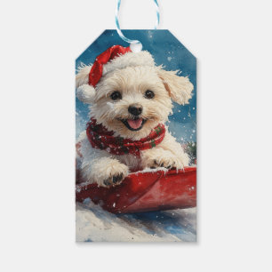 Malteser Hund in Sledge Lass es Schnee Weihnachten Geschenkanhänger