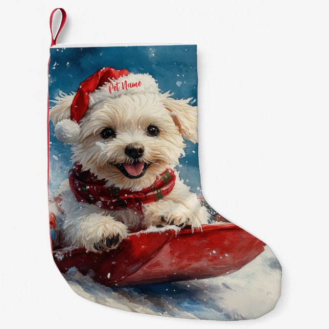 Malteser Hund in Sledge Lass es Schnee Weihnachten Kleiner Weihnachtsstrumpf (Vorderseite)