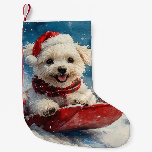 Malteser Hund in Sledge Lass es Schnee Weihnachten Kleiner Weihnachtsstrumpf (Vorderseite)