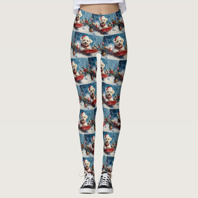 Malteser Hund in Sledge Lass es Schnee Weihnachten Leggings (Vorderseite)