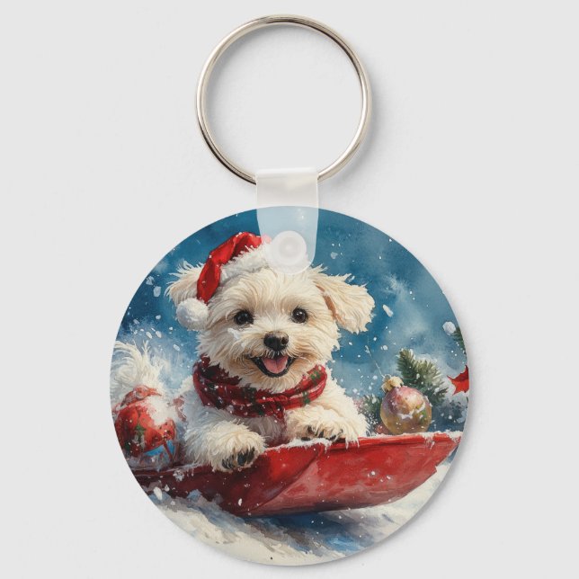 Malteser Hund in Sledge Lass es Schnee Weihnachten Schlüsselanhänger (Vorderseite)