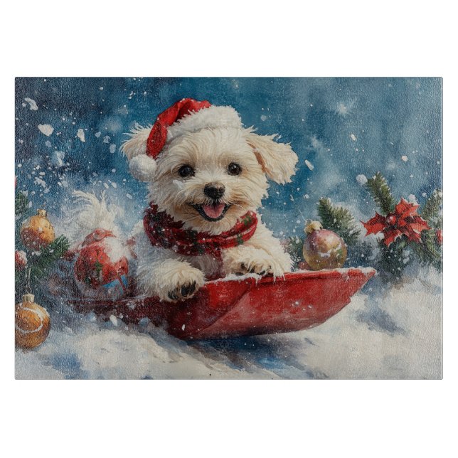 Malteser Hund in Sledge Lass es Schnee Weihnachten Schneidebrett (Vorderseite)