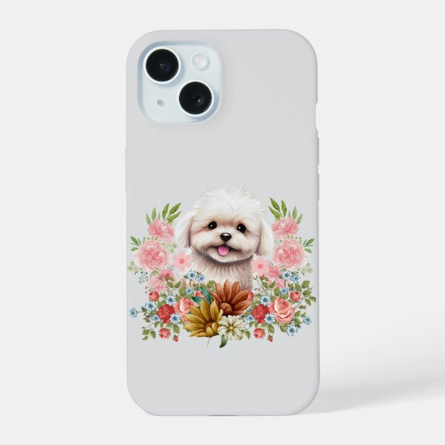 Malteser Hund mit Blume, Niedlich maltesischer Wel iPhone 15 Hülle (Rückseite)