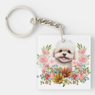 Malteser Hund mit Blume, Niedlich maltesischer Wel Schlüsselanhänger
