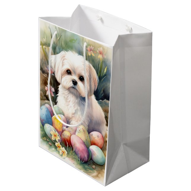 Malteser Hund mit Ostereier Urlaub Mittlere Geschenktüte (Rückseite Schrägansicht)