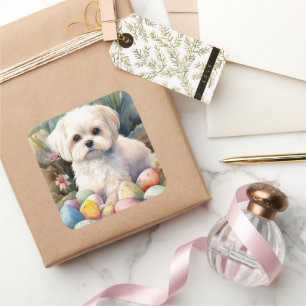 Malteser Hund mit Ostereier Urlaub Quadratischer Aufkleber
