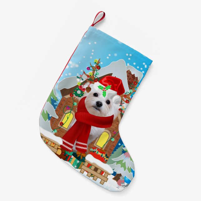 Malteser Hund mit Weihnachtsgeschenken Kleiner Weihnachtsstrumpf (Vorderansicht (hängend))